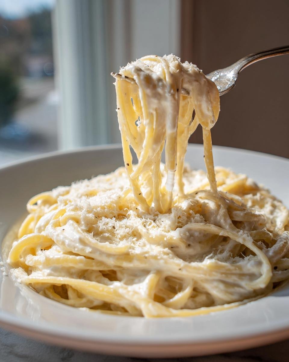 A fork lifting creamy strands of pasta coated in sauce from a bowl of Easy Ricotta Pasta Recipe, topped with grated cheese.