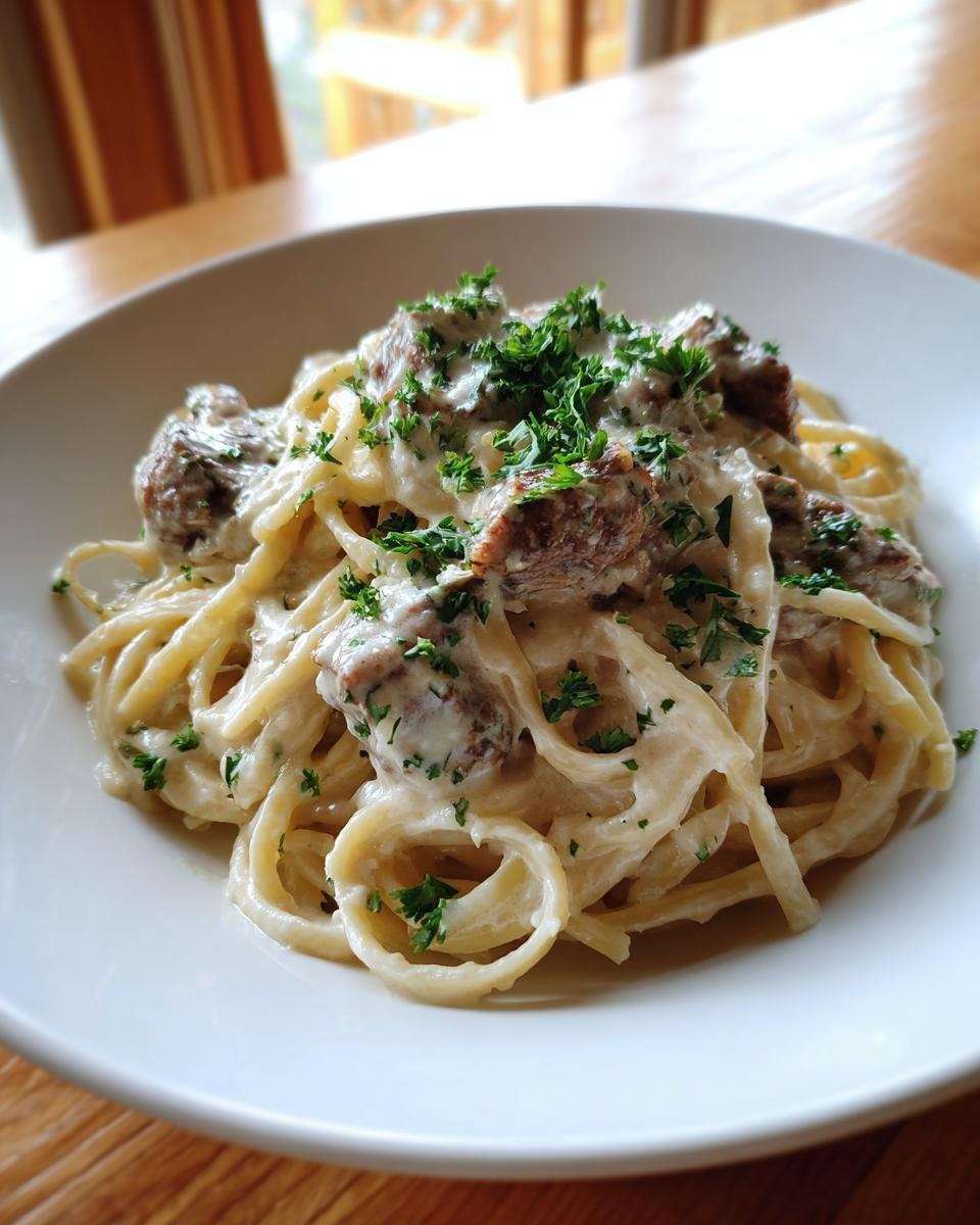 A close-up of a white bowl filled with Creamy Garlic Parmesan Steak Pasta, topped with fresh parsley.