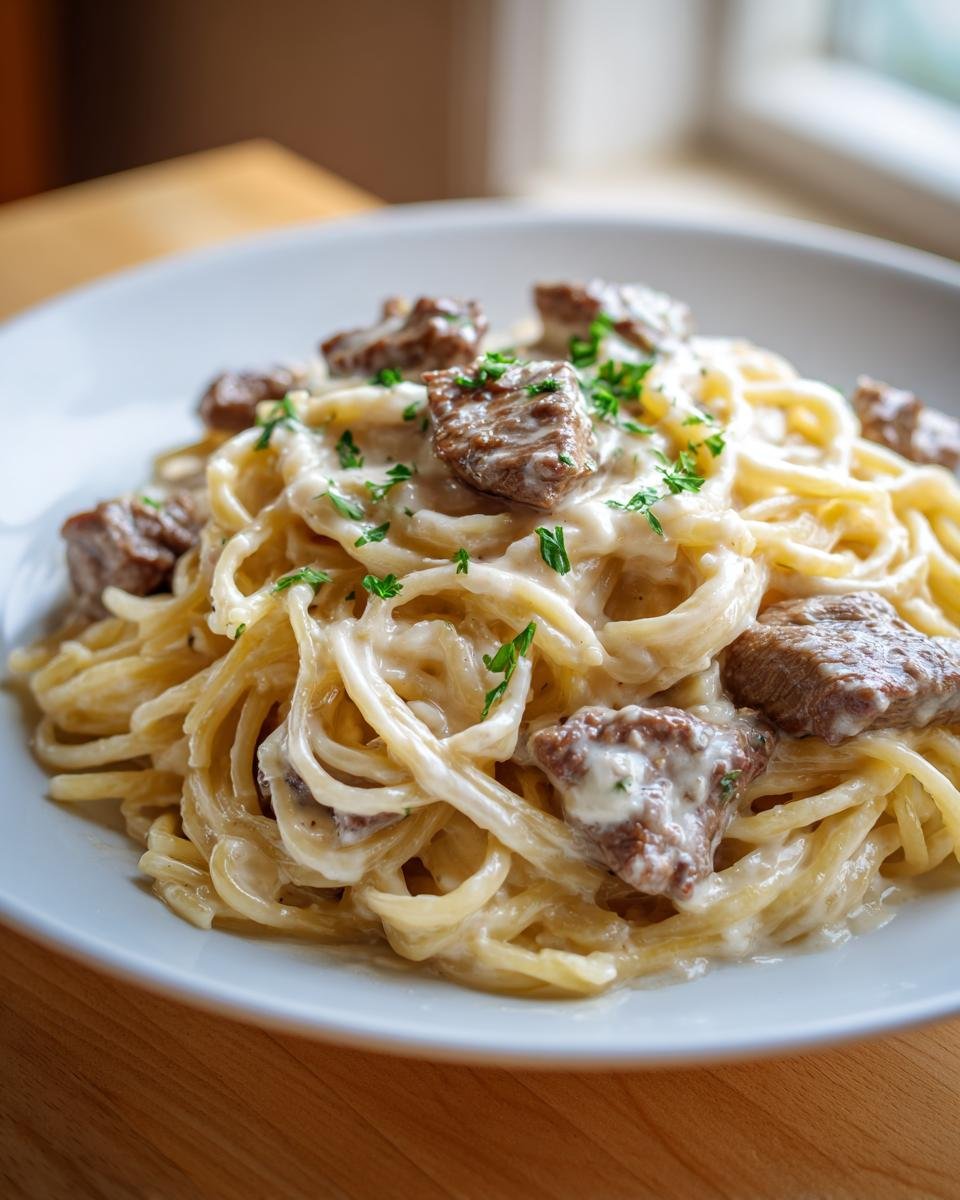 Close-up of Creamy Garlic Parmesan Steak Pasta featuring tender steak bites coated in rich white sauce and topped with fresh parsley.