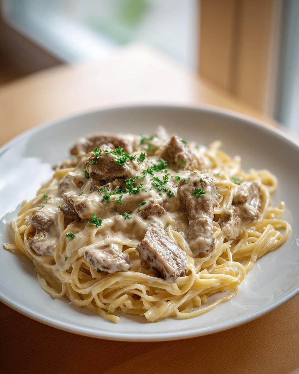 A close-up of Creamy Garlic Parmesan Steak Pasta featuring tender steak pieces in a rich sauce over linguine, garnished with parsley.