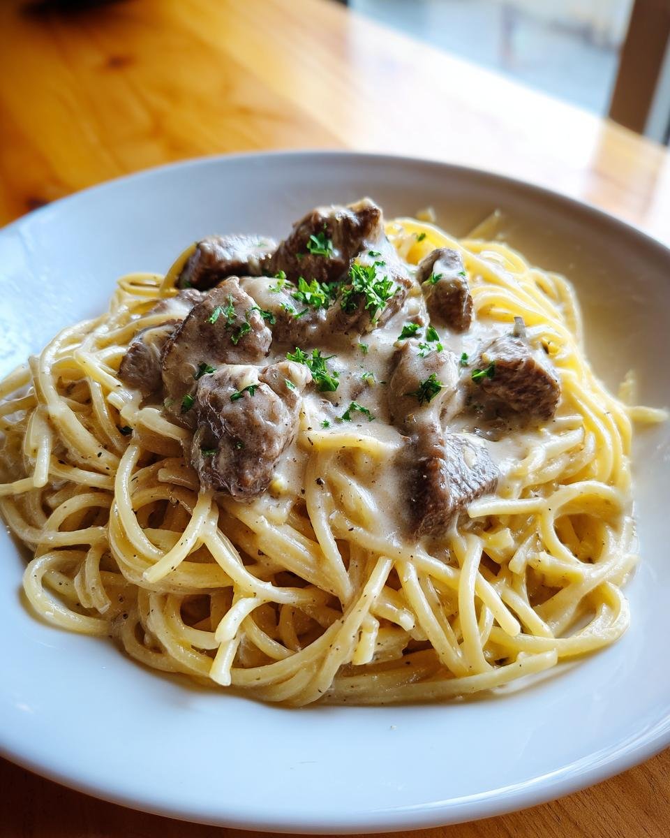 Close-up of Creamy Garlic Parmesan Steak Pasta with tender steak pieces and parsley garnish.