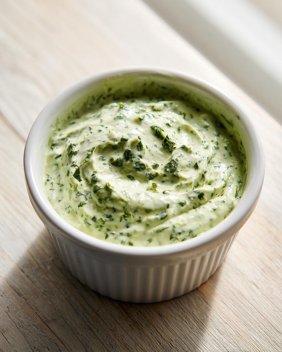 Close-up of creamy Jalapeno Ranch Sauce Dairy Free, flecked with green herbs, served in a small white ramekin.