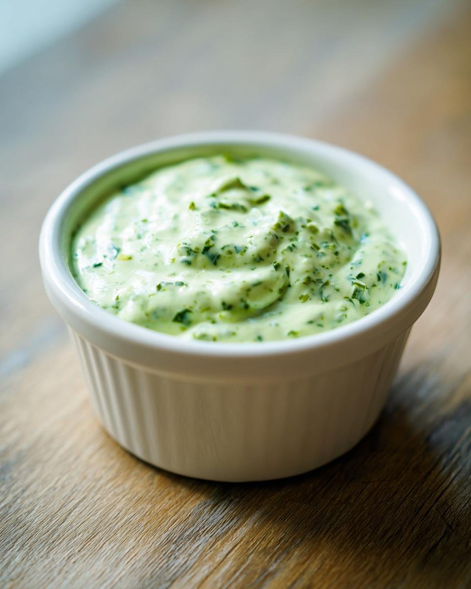 Close-up of creamy, light green Jalapeno Ranch Sauce Dairy Free with visible herbs in a small white ramekin.