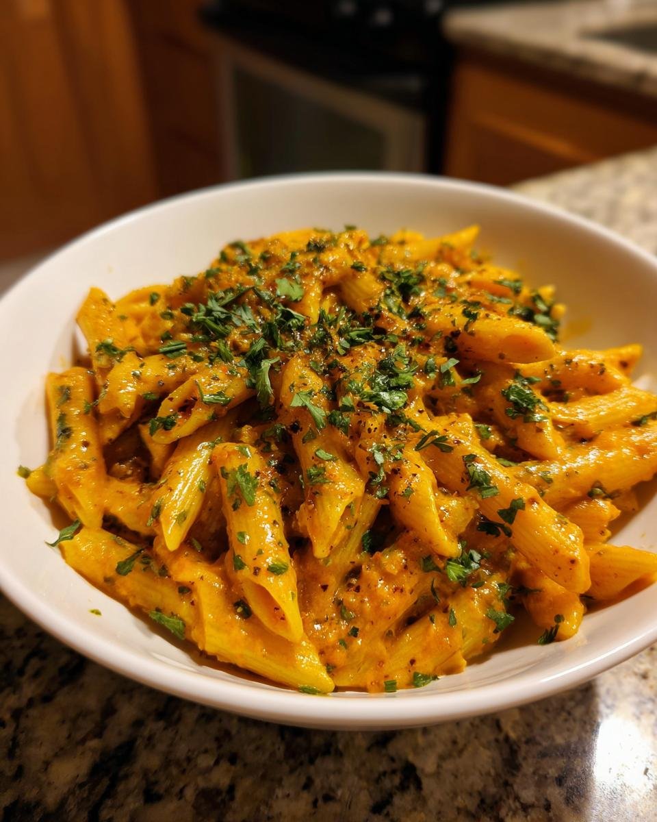 A close-up of a white bowl filled with vibrant orange Creamy Jamaican Rasta Pasta, topped generously with chopped fresh parsley.