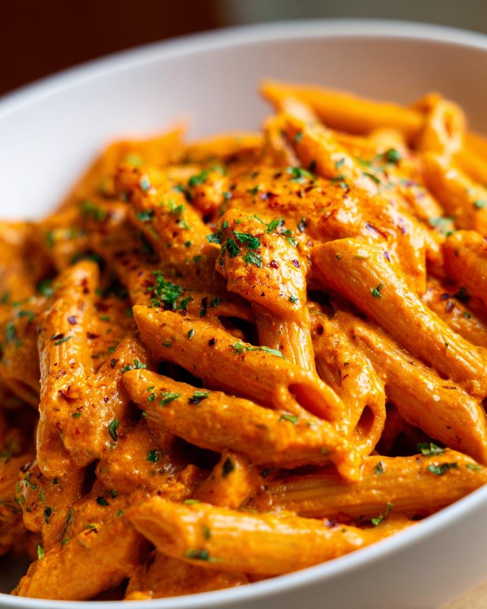 Close-up of penne pasta coated in a rich, orange-red sauce, garnished with herbs, representing Creamy Jamaican Rasta Pasta.