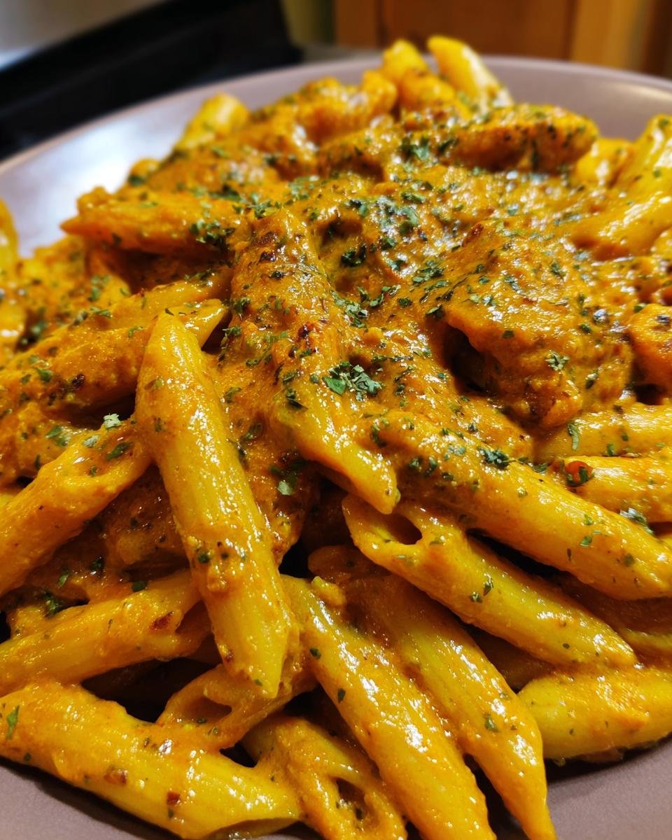 A close-up shot of penne pasta coated in a rich, orange-hued sauce, representing Creamy Jamaican Rasta Pasta, topped with dried herbs.