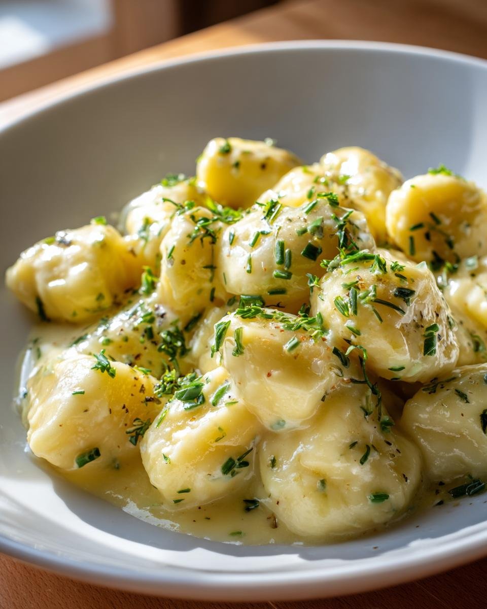 Close-up of tender gnocchi coated in a rich, creamy lemon herb butter sauce and topped with fresh chives.