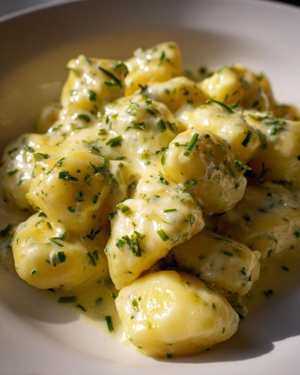 Close-up of fluffy gnocchi coated in a rich, creamy lemon herb butter sauce, garnished with fresh chives.