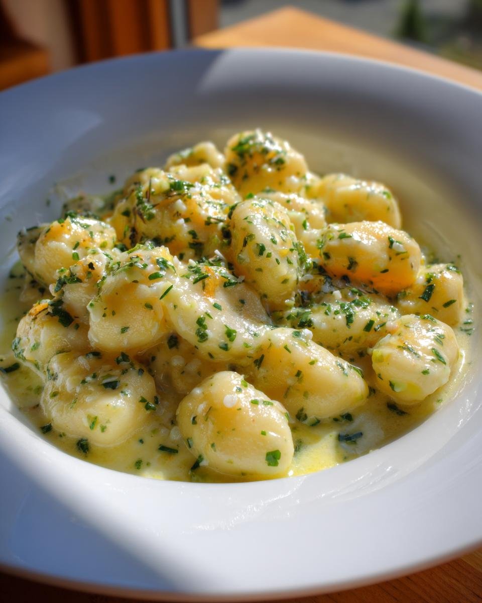 Close-up of tender gnocchi coated in a rich, creamy lemon herb butter sauce, garnished with fresh green herbs.