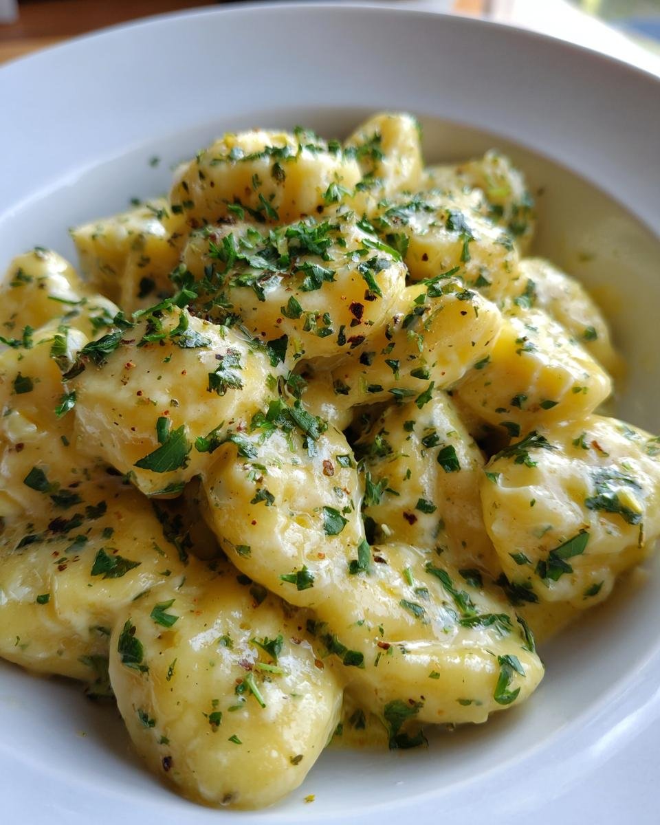 Close-up of tender gnocchi coated in a rich, creamy lemon herb butter sauce and topped with fresh parsley.