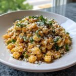 A close-up of creamy Mexican Corn Salad topped with crumbled white cheese and fresh cilantro.