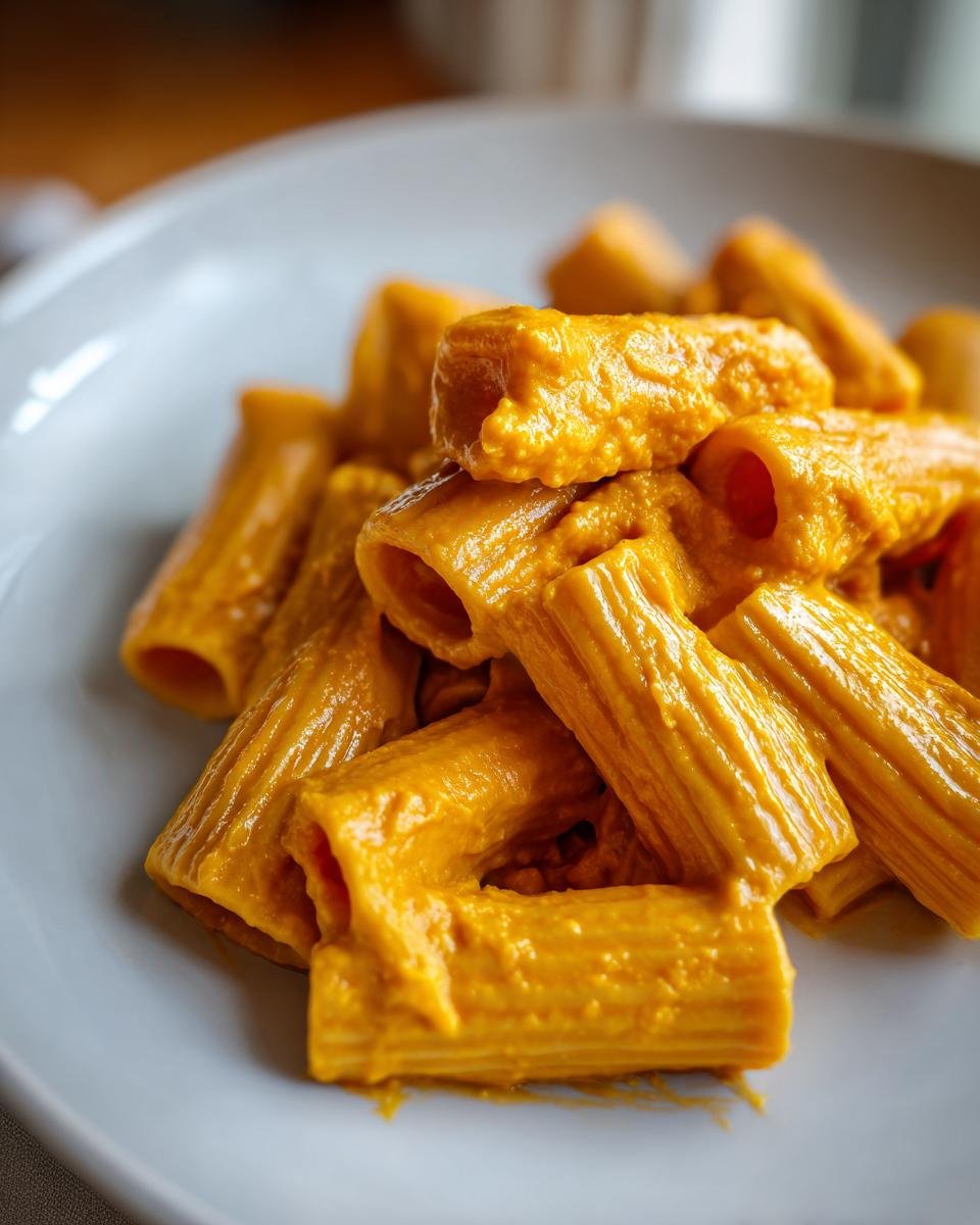Close-up of rigatoni pasta coated in a thick, creamy, orange-colored sauce, perfect for comforting fall pasta recipes.