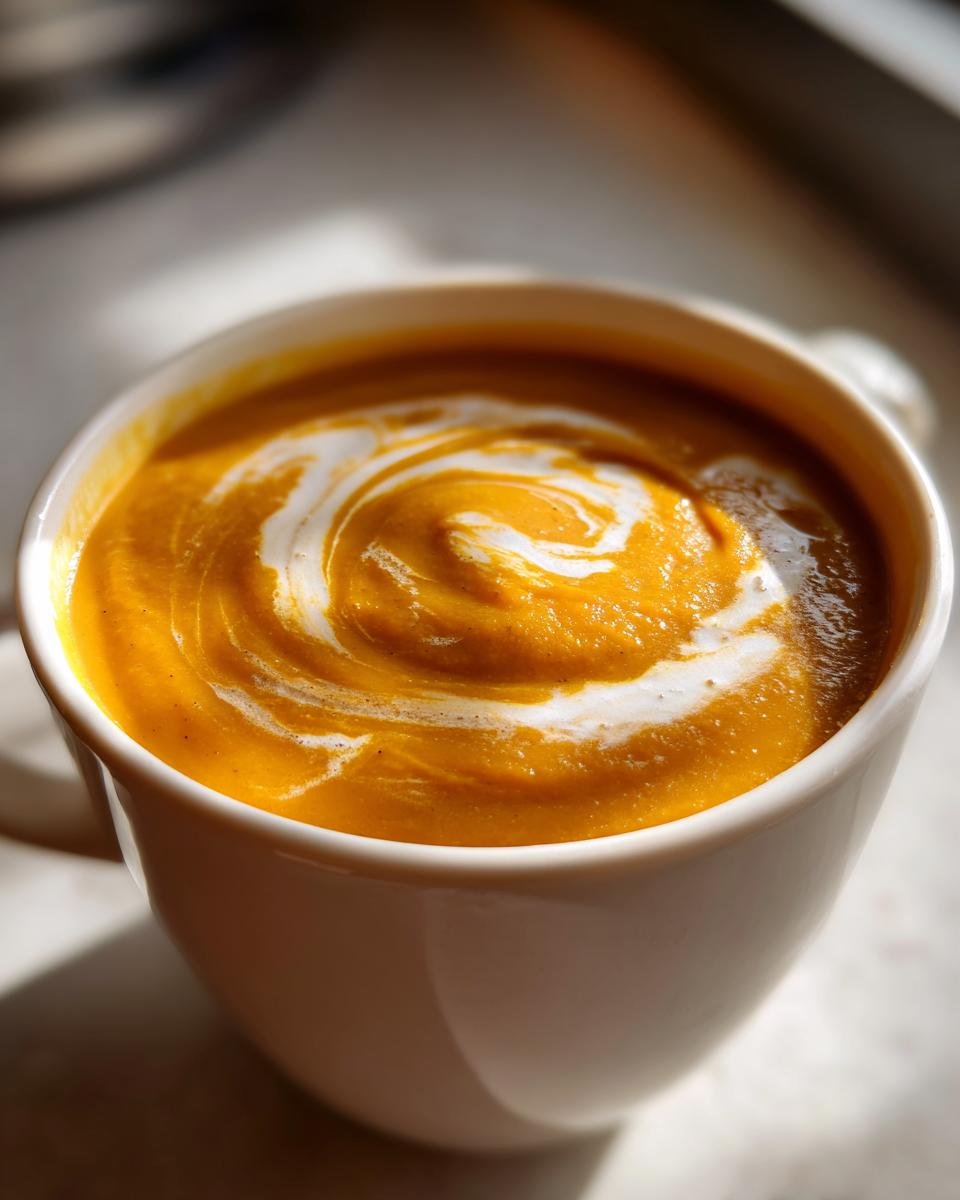 Close-up of creamy orange soup, likely butternut squash, swirled with cream in a white mug, perfect for warm cozy fall recipes.