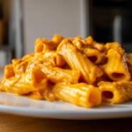 Close-up of rigatoni pasta coated in a rich, orange-hued creamy sauce, perfect for fall pasta recipes.