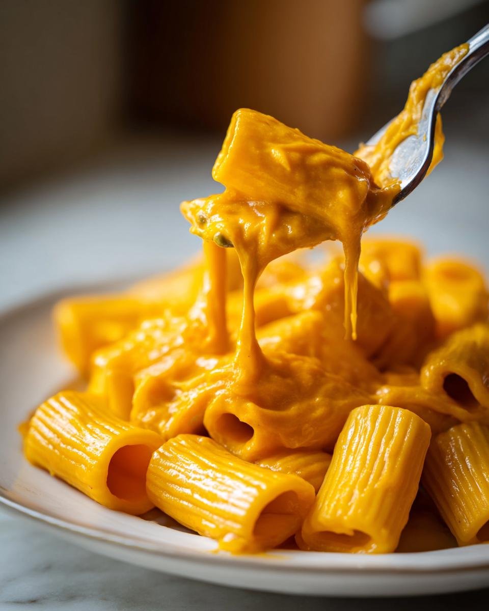 Close-up of rigatoni pasta coated in a thick, orange, creamy sauce, being lifted by a fork, perfect for 25 Comforting Fall Pasta Recipes.