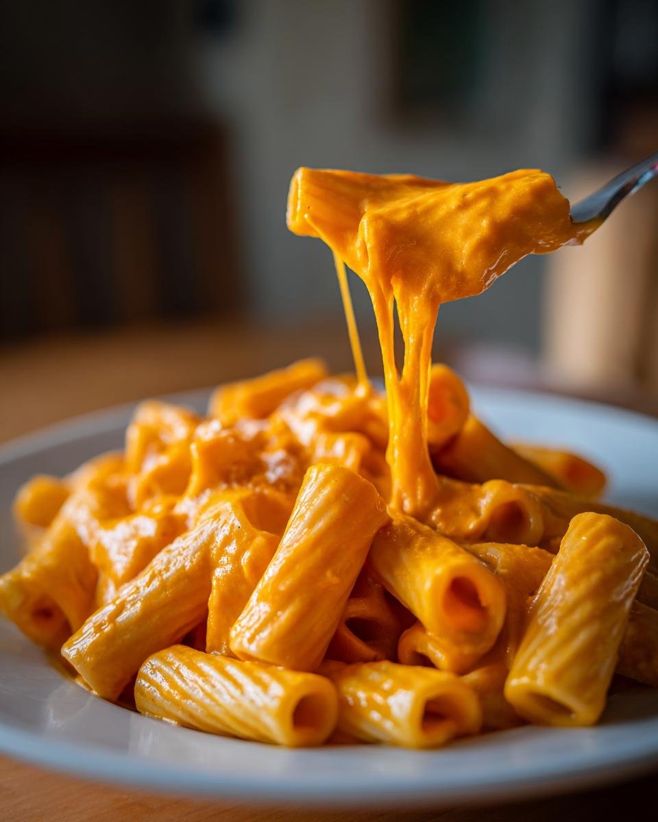 A fork lifts rigatoni pasta coated in a thick, orange, cheesy sauce, showcasing the comforting fall pasta recipes.