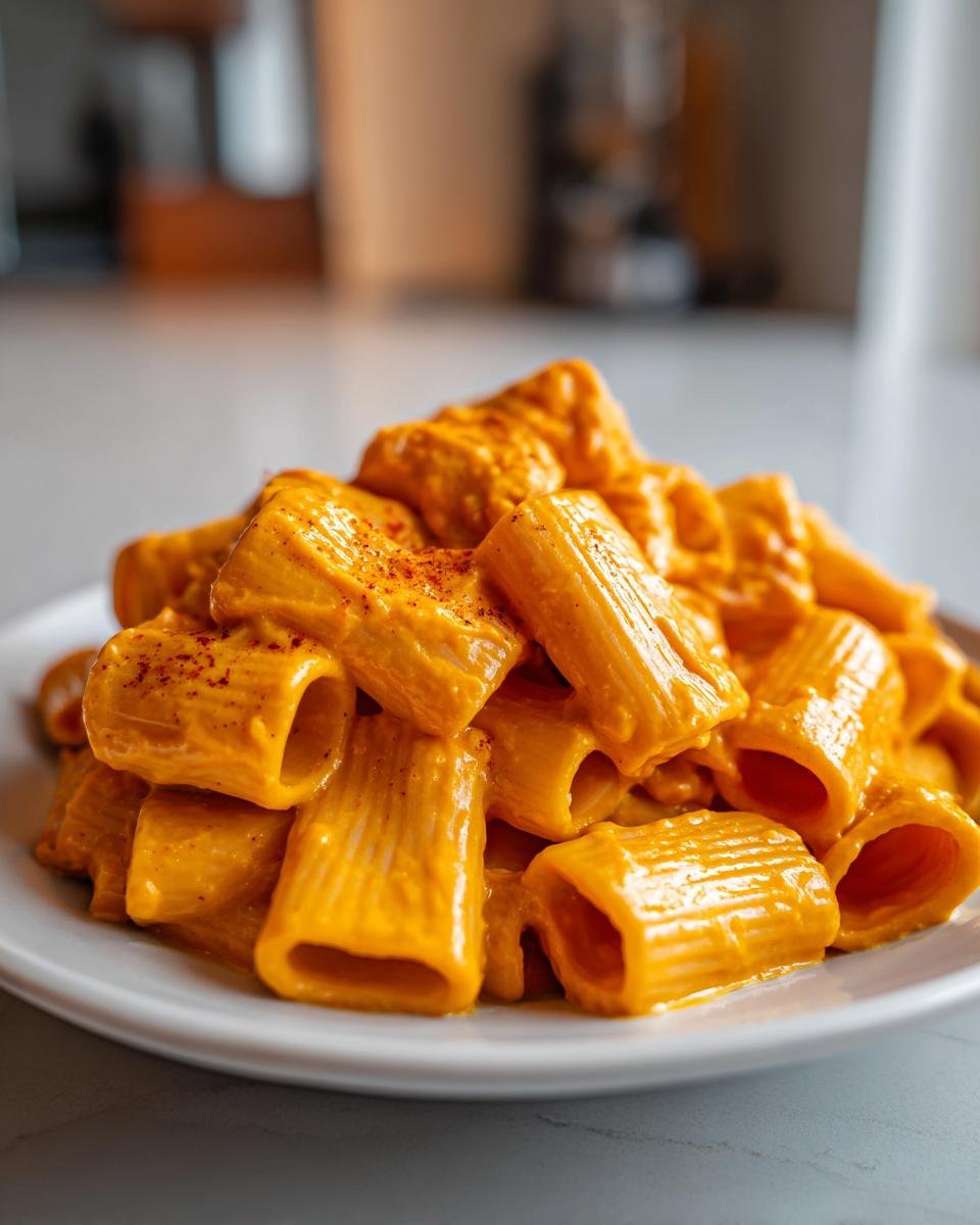 Close-up of rigatoni pasta coated in a rich, orange, creamy sauce, perfect for comforting fall pasta recipes.