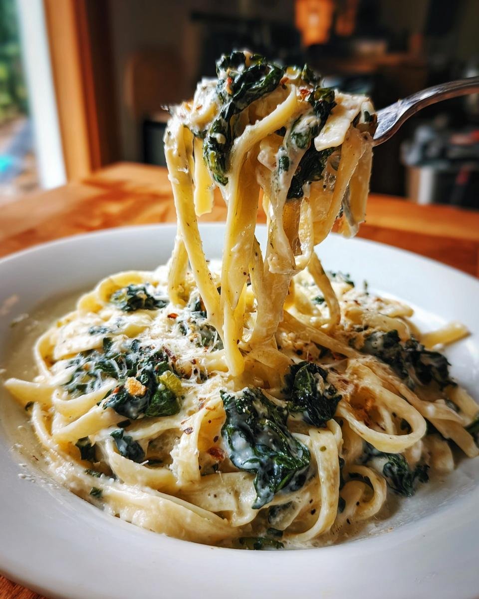 A fork lifts a generous portion of Creamy Roasted Garlic Kale Pasta With Parmesan from a white bowl.