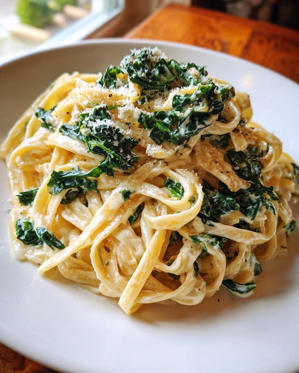 Close-up of fettuccine pasta coated in a creamy sauce with wilted kale and topped with grated Parmesan cheese.