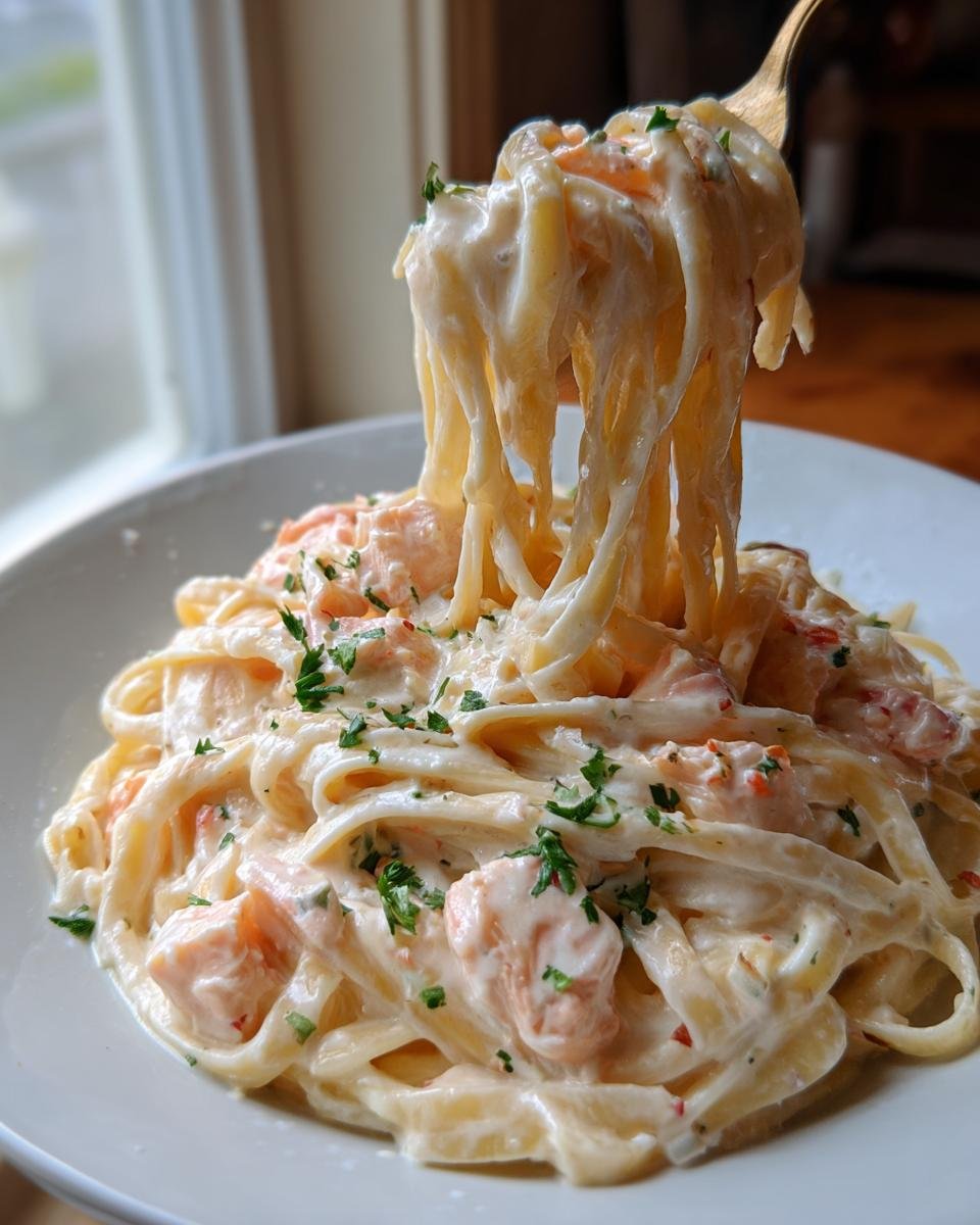 A fork lifts a generous portion of fettuccine noodles coated in rich sauce and chunks of salmon from a bowl of Creamy Salmon Alfredo Pasta.
