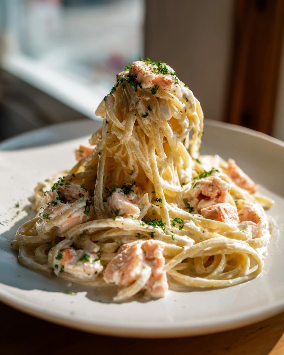 A tall serving of Creamy Salmon Alfredo Pasta tossed in rich white sauce and topped with flaked salmon and fresh parsley.