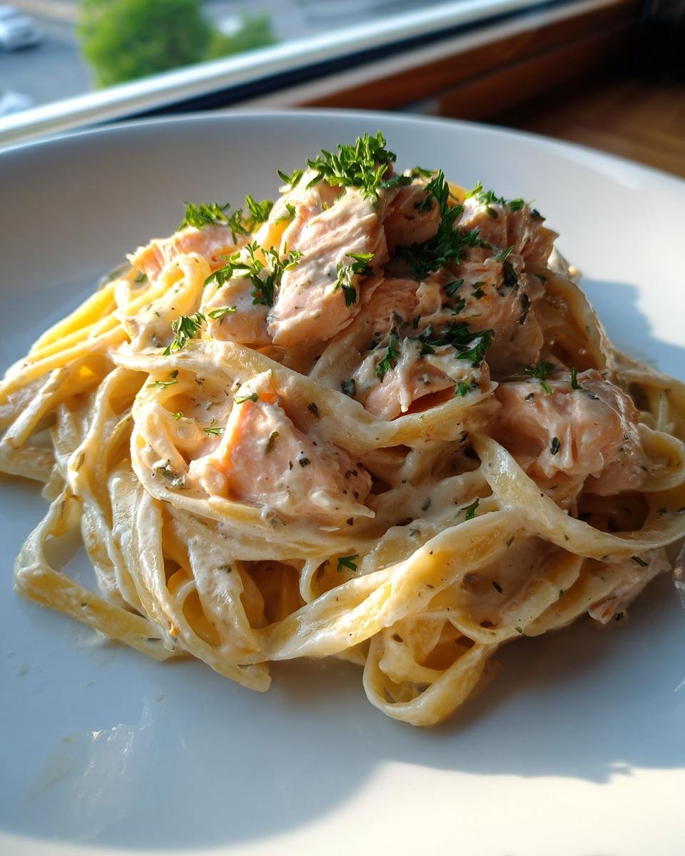 A close-up of rich Creamy Salmon Alfredo Pasta tossed in a white sauce and topped with flaked salmon and fresh parsley.