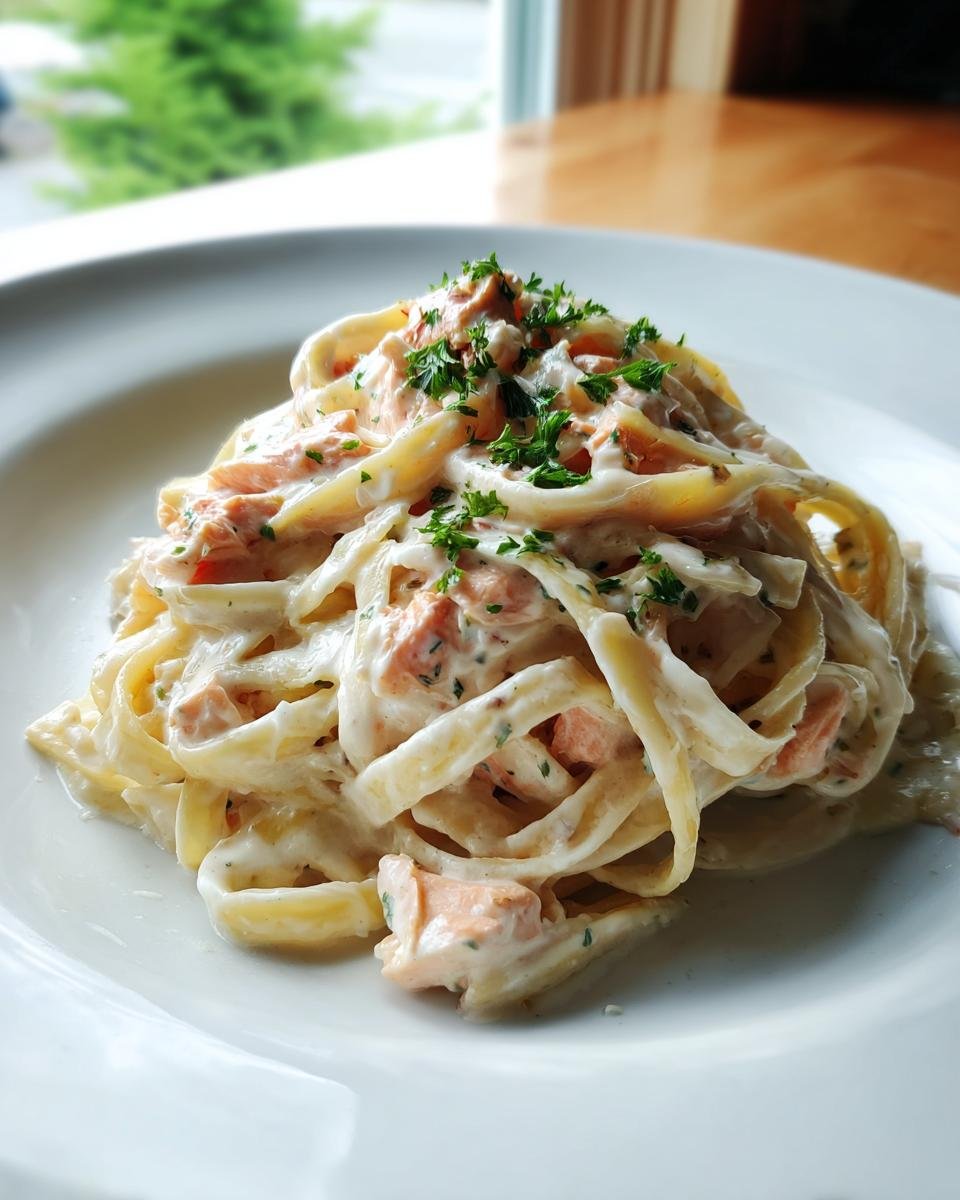 A close-up of a generous serving of Creamy Salmon Alfredo Pasta garnished with fresh chopped parsley on a white plate.