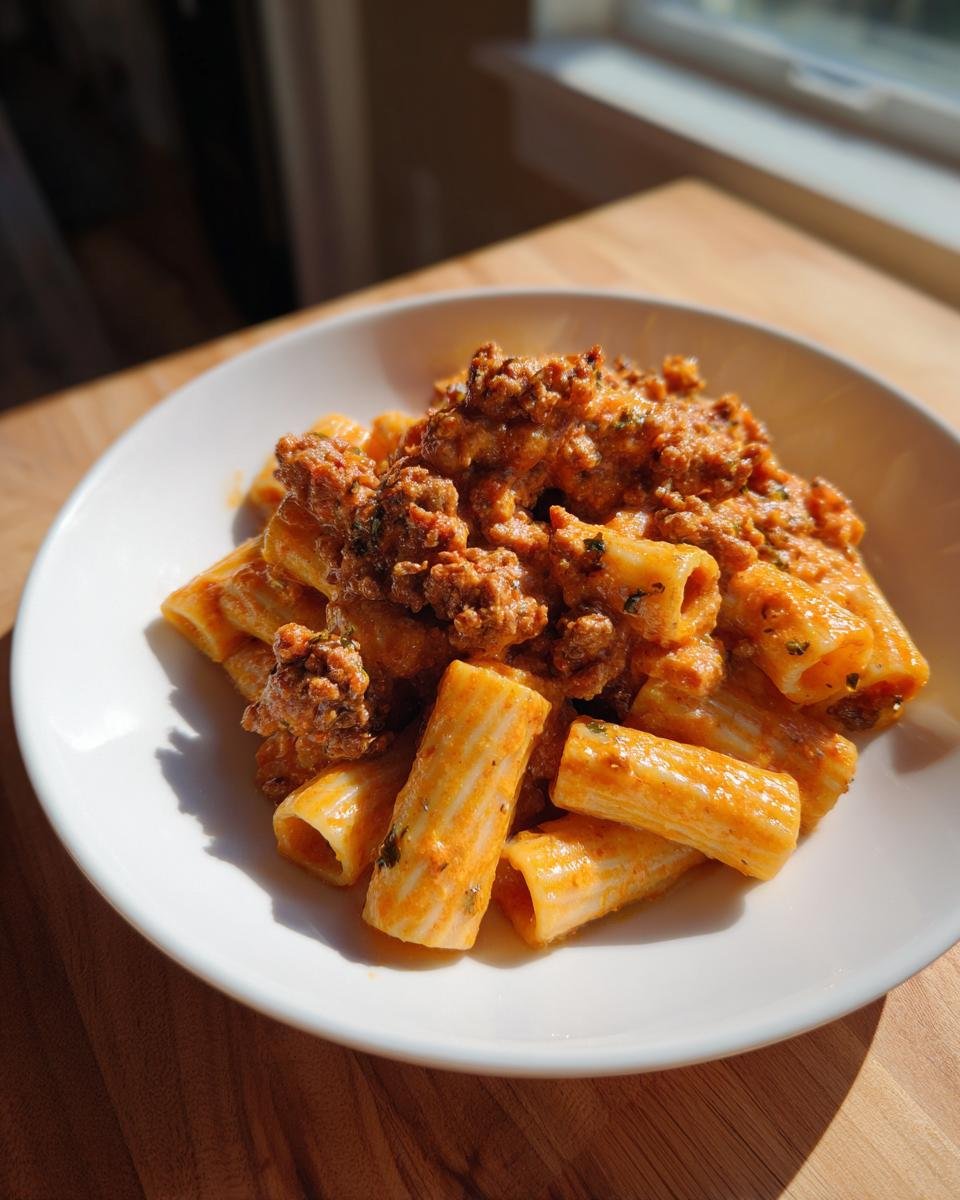 A white bowl filled with Creamy Sausage Rigatoni pasta topped with rich meat sauce, served on a wooden surface.