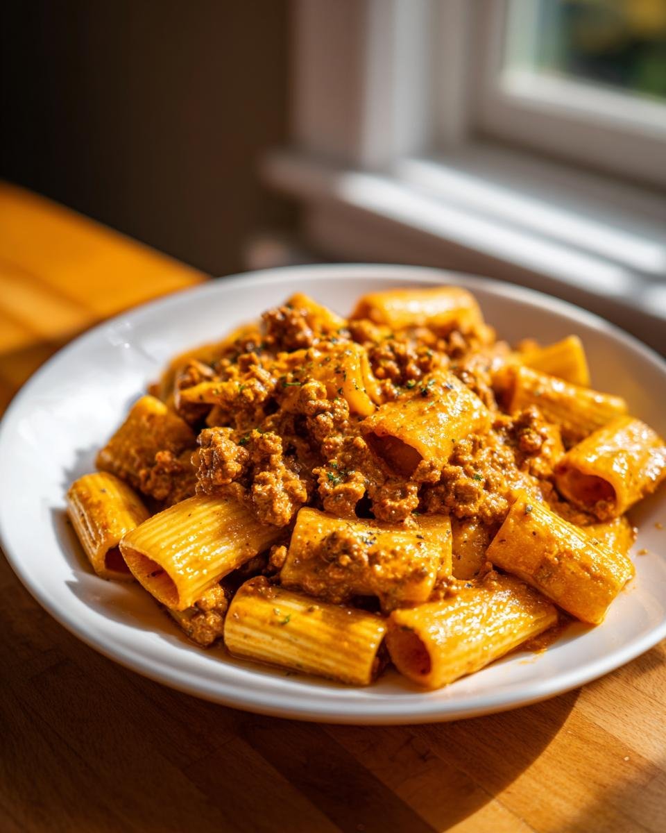 A close-up of a white bowl filled with rich, creamy sausage rigatoni pasta, beautifully lit by natural light.