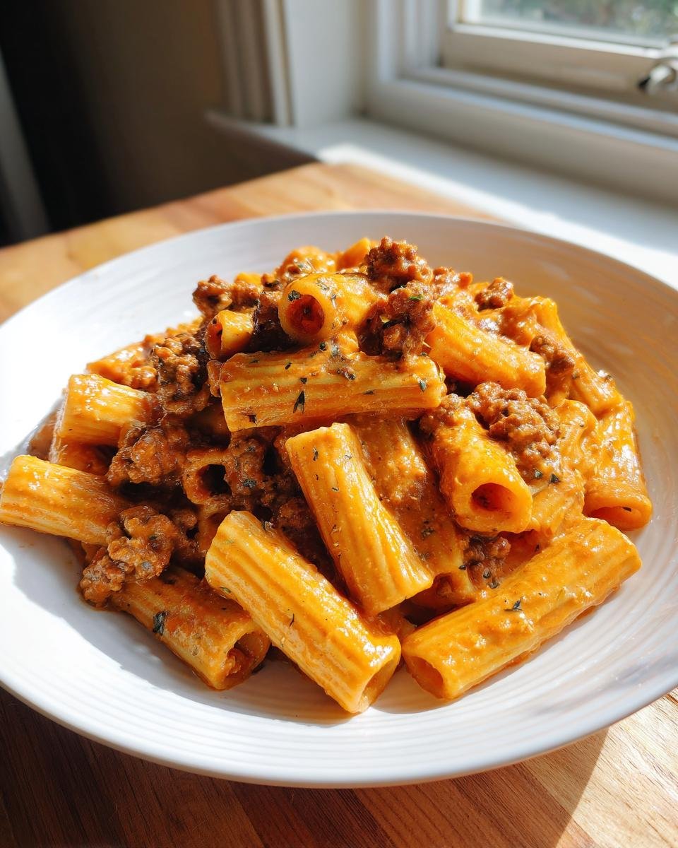 A close-up of a white bowl filled with Creamy Sausage Rigatoni pasta coated in a rich, orange-hued sauce.