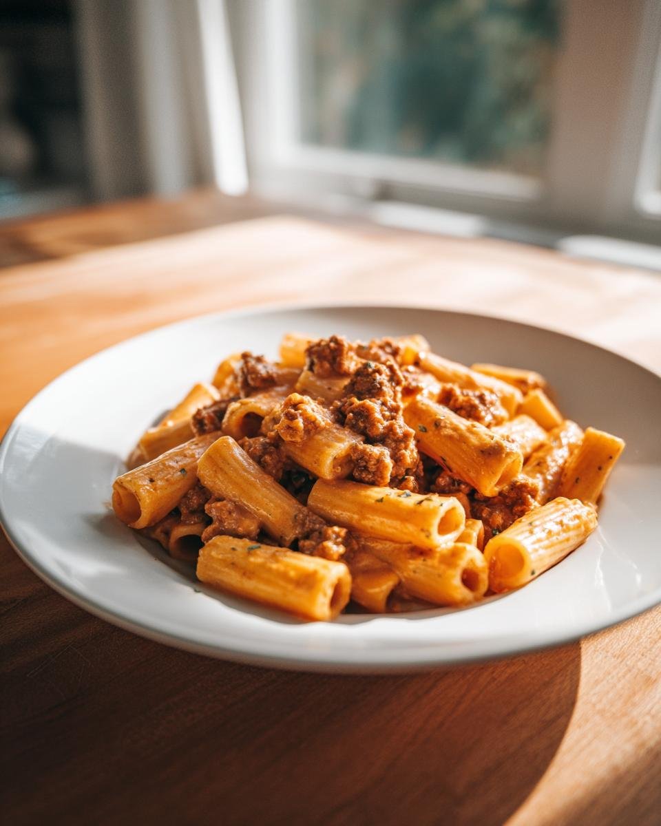 A close-up of a white bowl filled with Creamy Sausage Rigatoni, rich with meat sauce and pasta tubes.