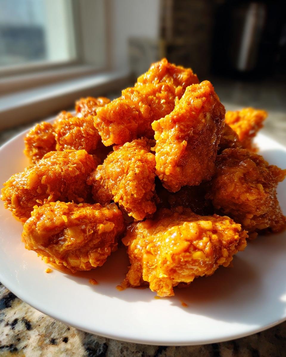 A pile of crispy, orange-glazed Bang Bang Chicken pieces served on a white plate.