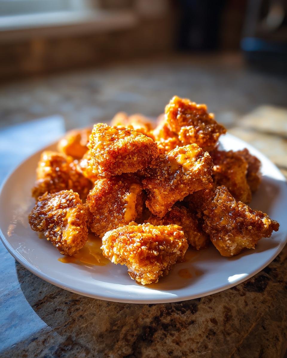 A pile of golden, crispy Bang Bang Chicken pieces drizzled with sauce on a white plate.