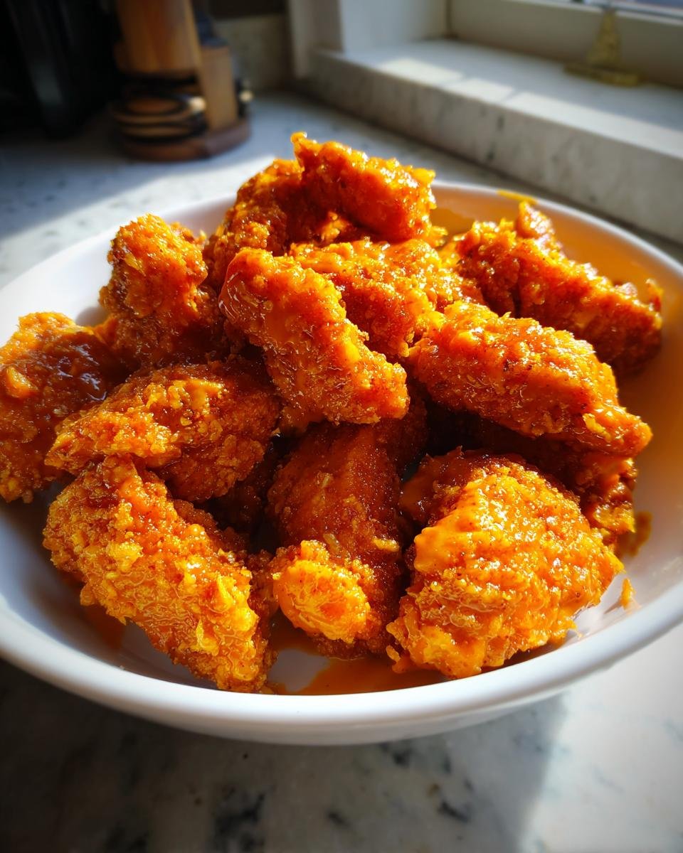 Close-up of crispy, orange-glazed Bang Bang Chicken pieces piled high in a white serving bowl.