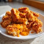 Close-up of crispy fried Bang Bang Chicken pieces generously covered in a creamy, orange-colored sauce on a white plate.