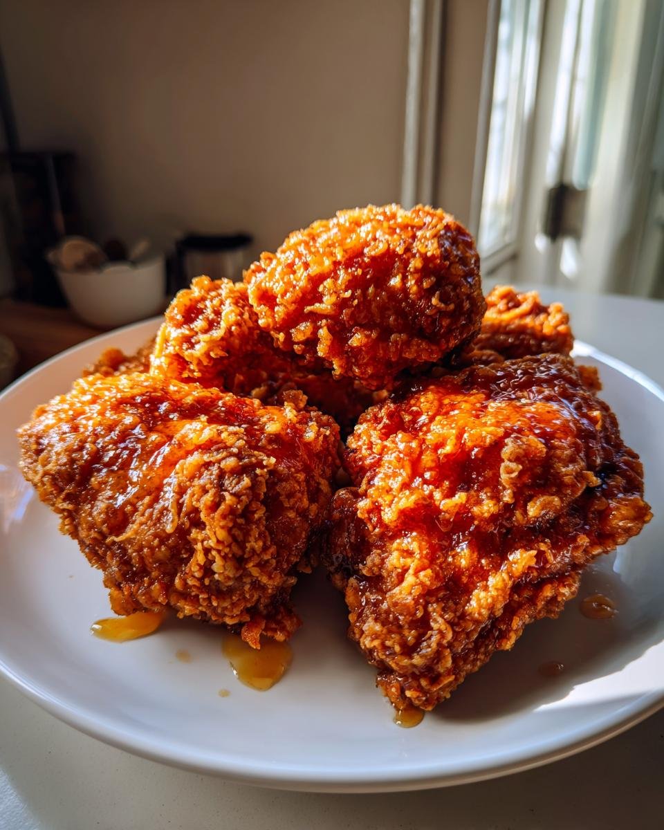 Close-up of several pieces of Crunchy Hot Honey Chicken piled on a white plate, glistening with a sweet and spicy glaze.