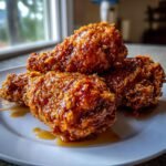 Three pieces of Crunchy Hot Honey Chicken drumsticks, heavily glazed and piled on a white plate.