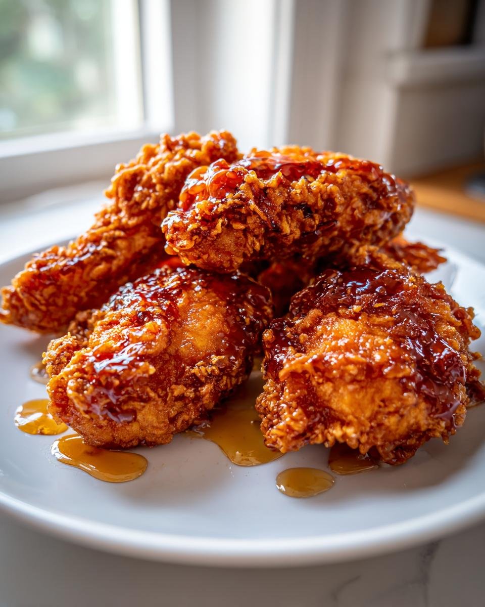 Close-up of several pieces of Crunchy Hot Honey Chicken, coated in a glossy glaze.