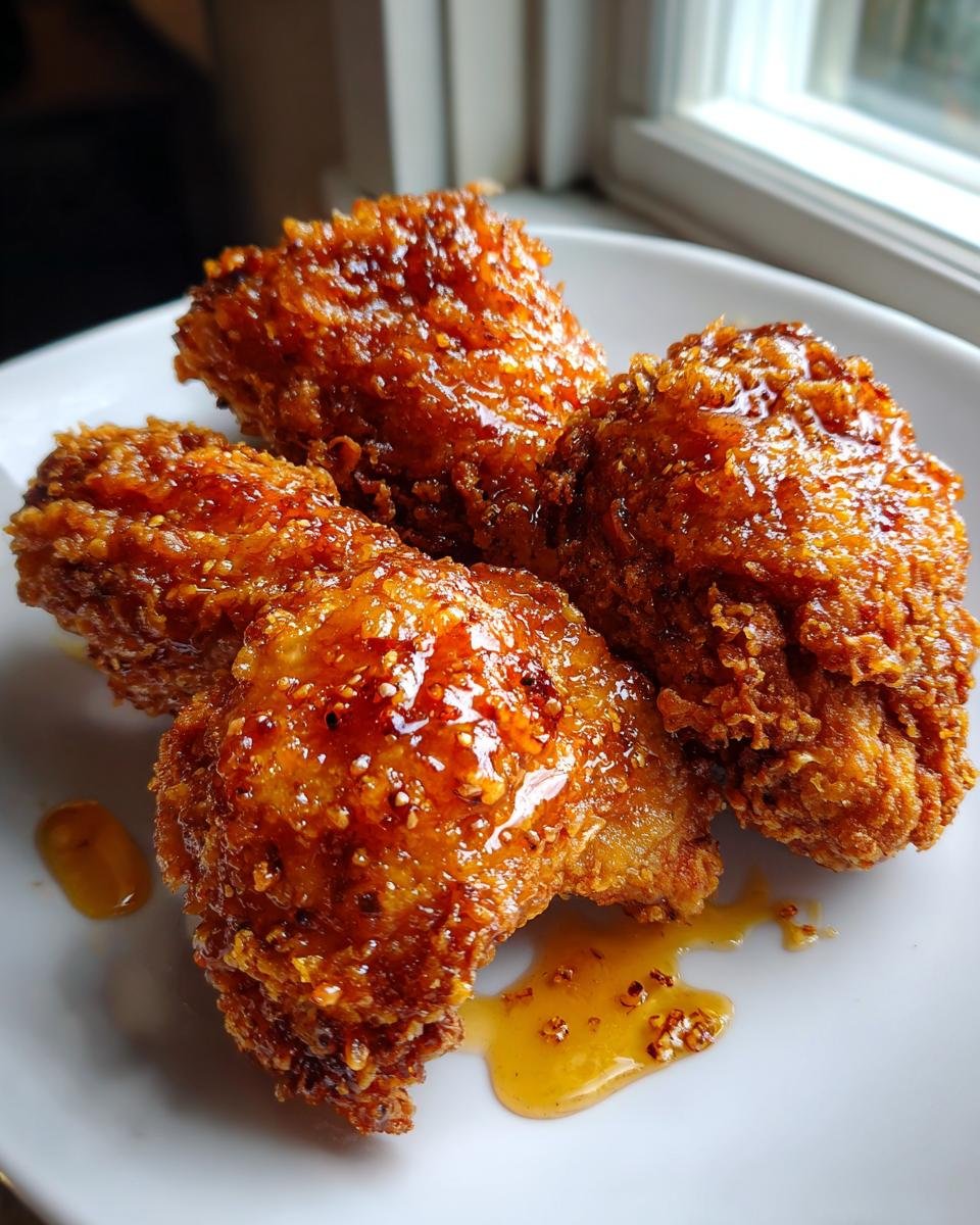 Four pieces of golden, crispy Crunchy Hot Honey Chicken coated in a glossy, spicy honey glaze on a white plate.