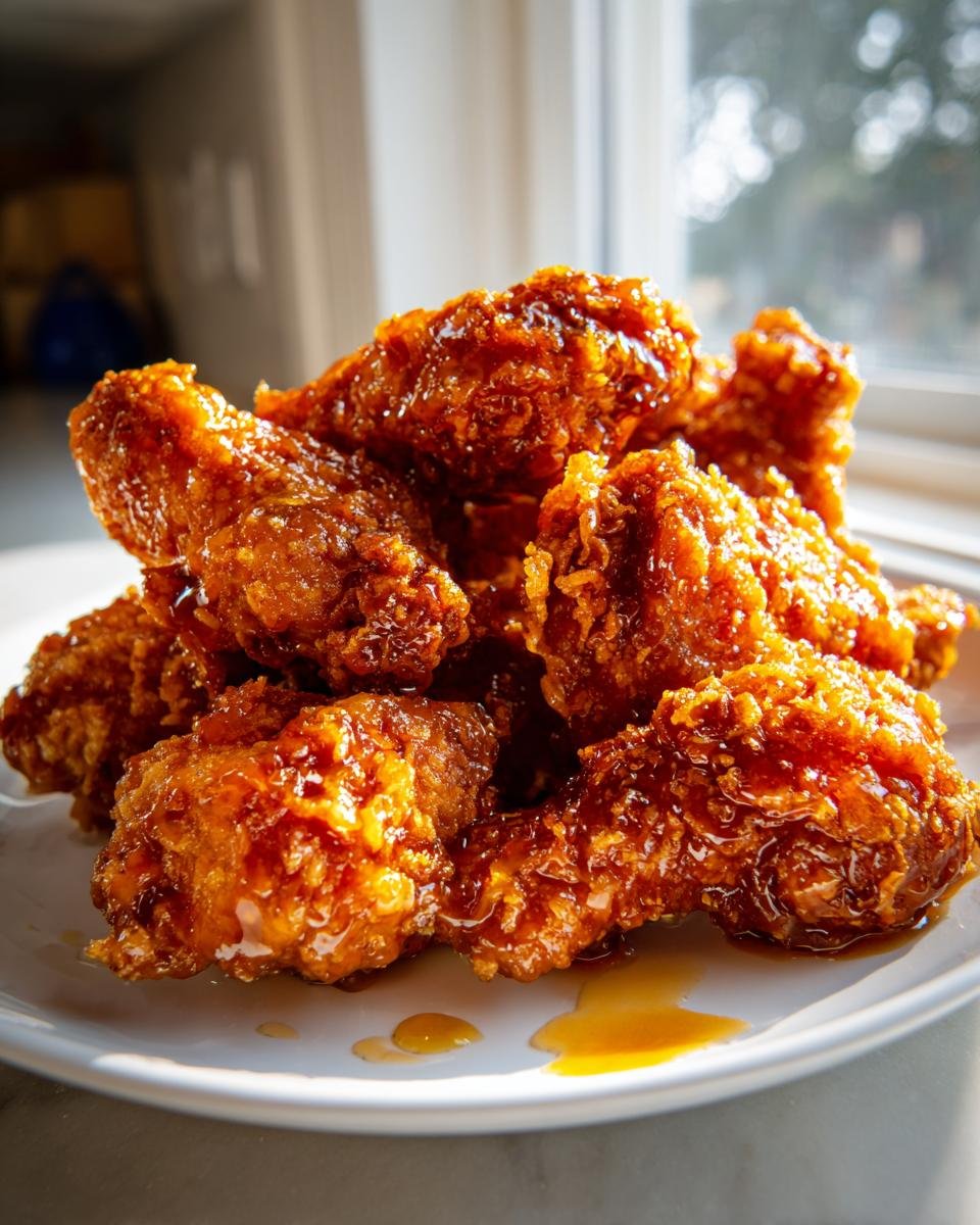 Close-up of a pile of golden, crispy Crunchy Hot Honey Chicken wings glistening with glaze on a white plate.