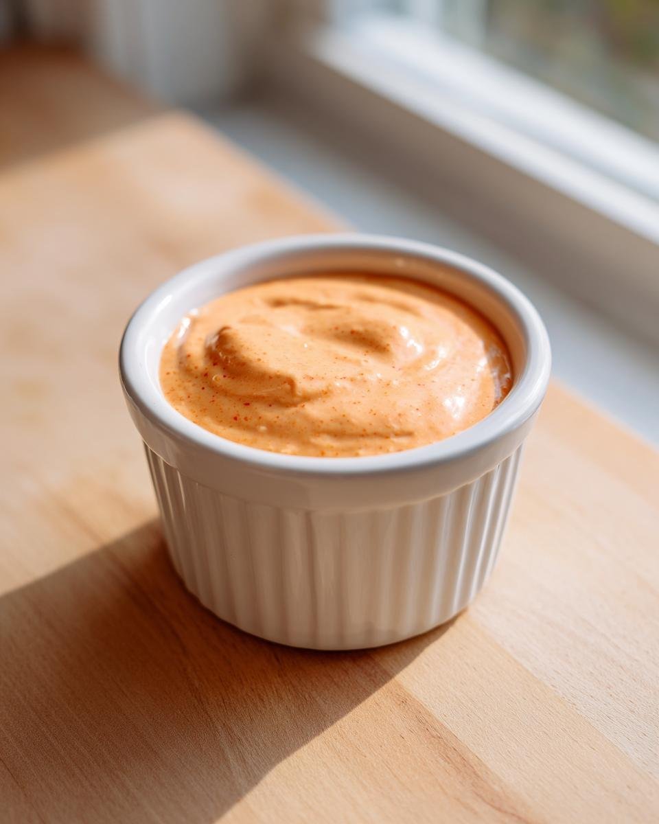 A small white ramekin filled with creamy, orange-hued In N Out Sauce Dairy Free, sitting on a wooden surface near a window.