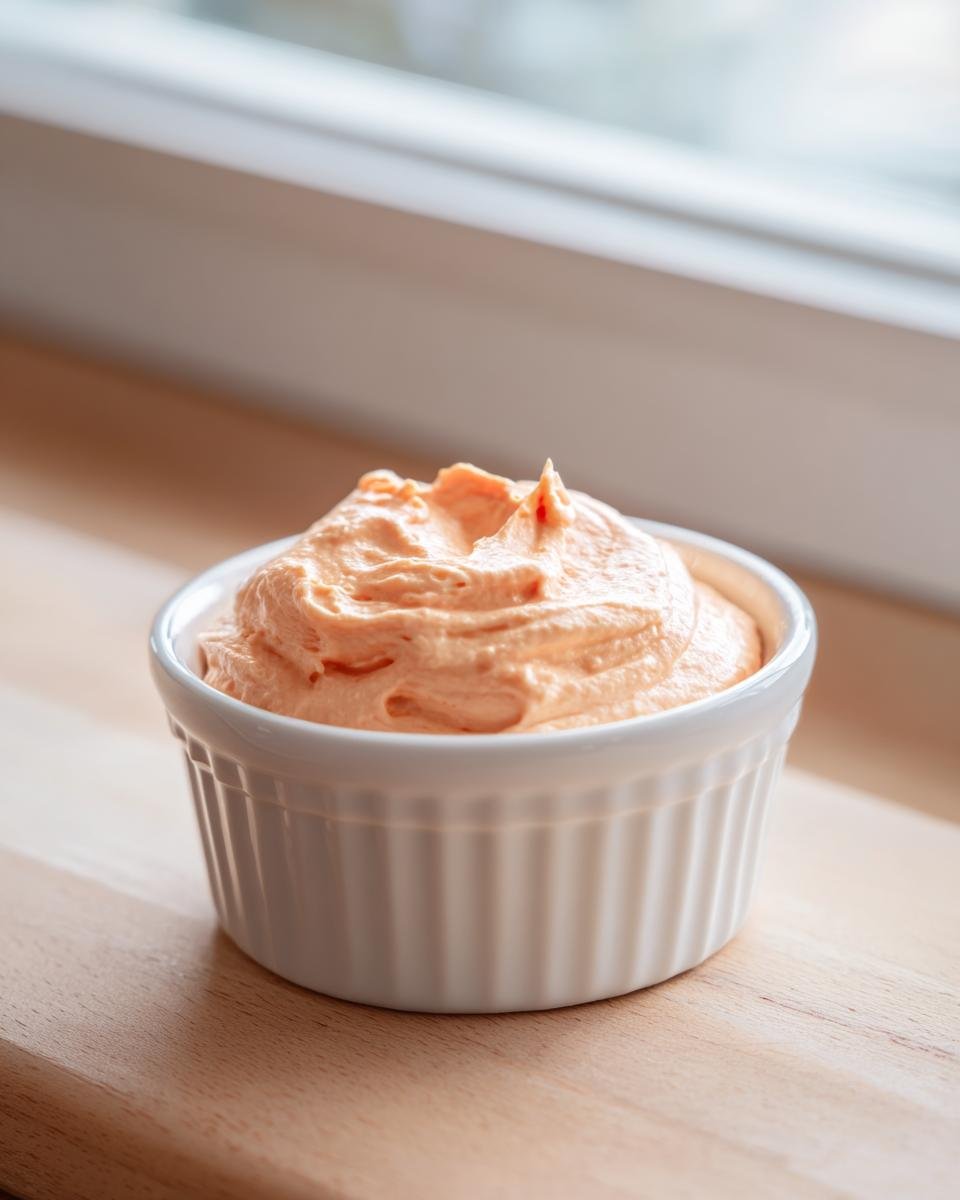 A small white ramekin filled with creamy, orange-pink In N Out Sauce Dairy Free, sitting on a wooden surface.