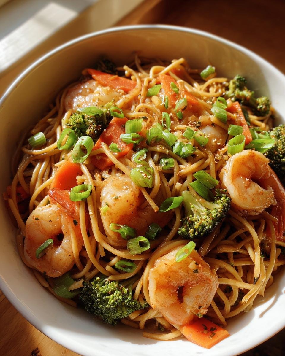 Close-up of a bowl filled with Date Night Healthy Shrimp Lo Mein, featuring plump shrimp, noodles, broccoli, and carrots, topped with green onions.