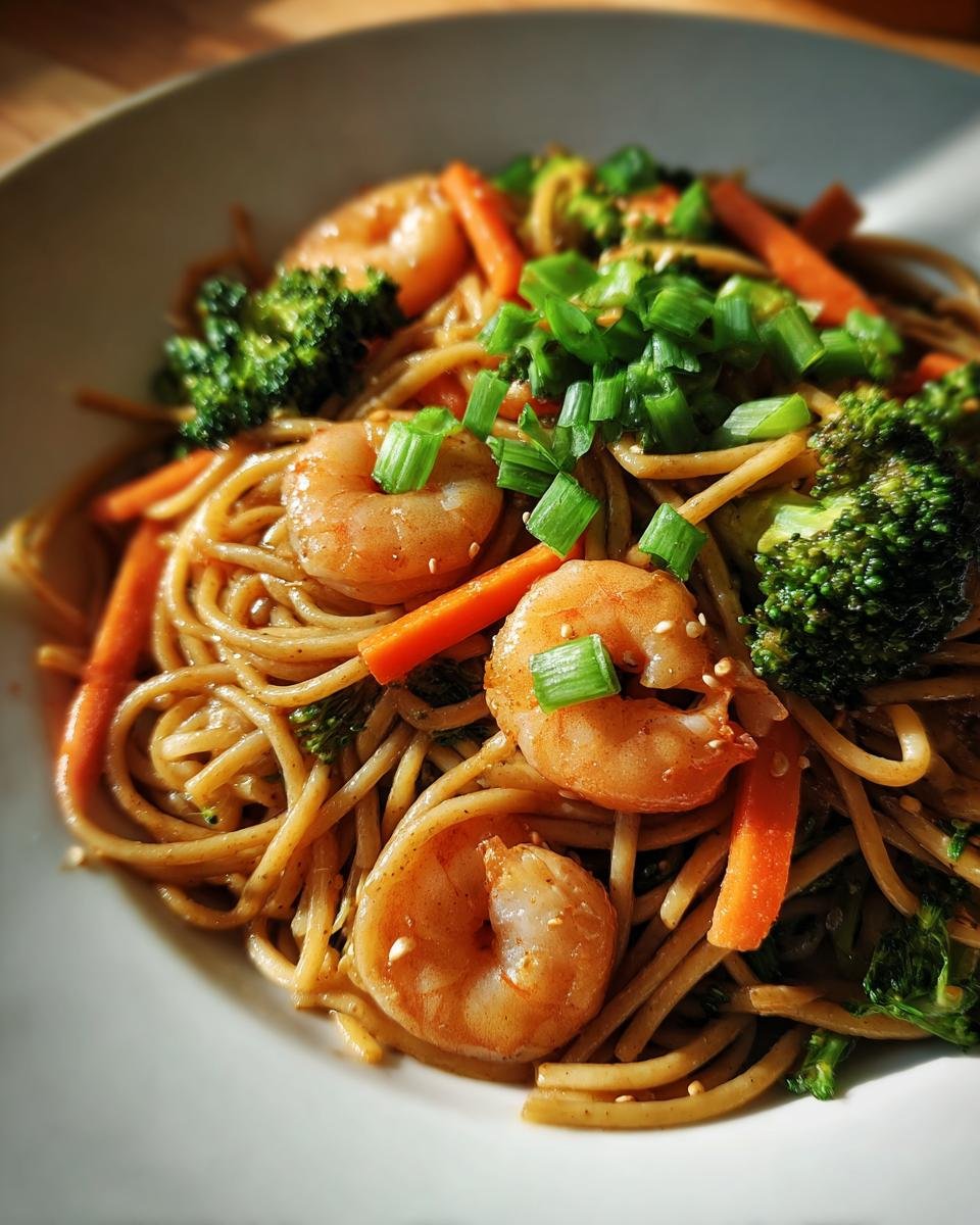 A close-up of Date Night Healthy Shrimp Lo Mein featuring plump shrimp, noodles, broccoli, carrots, and green onions.