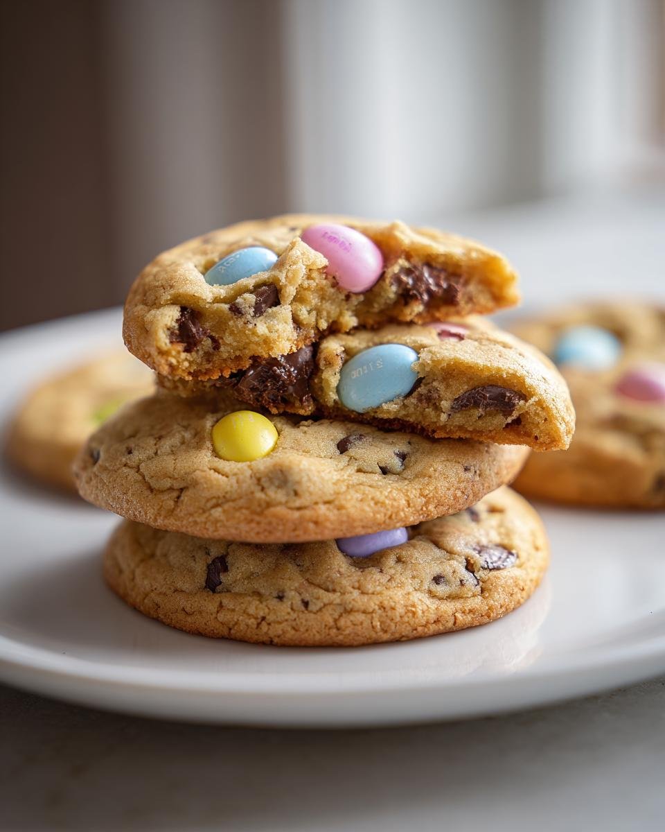 A stack of soft, chewy Easter Chocolate Chip Cookies, one broken open showing melted chocolate and pastel candies.