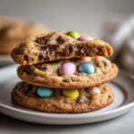 A stack of three chewy Easter Chocolate Chip Cookies, featuring melted chocolate and pastel candy eggs.