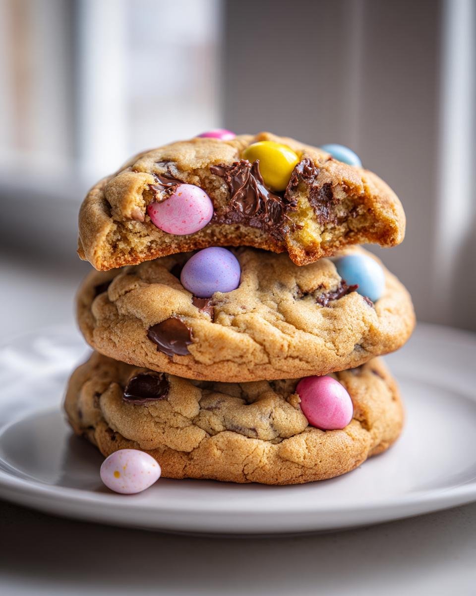 Three stacked, soft Easter Chocolate Chip Cookies with melted chocolate and pastel candy eggs.