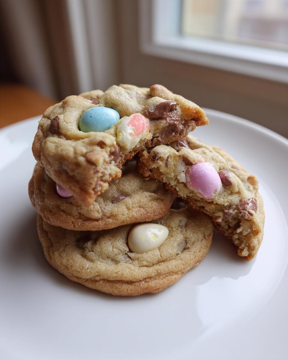 A stack of soft, chewy Easter Chocolate Chip Cookies featuring melted chocolate and pastel-colored candy eggs.