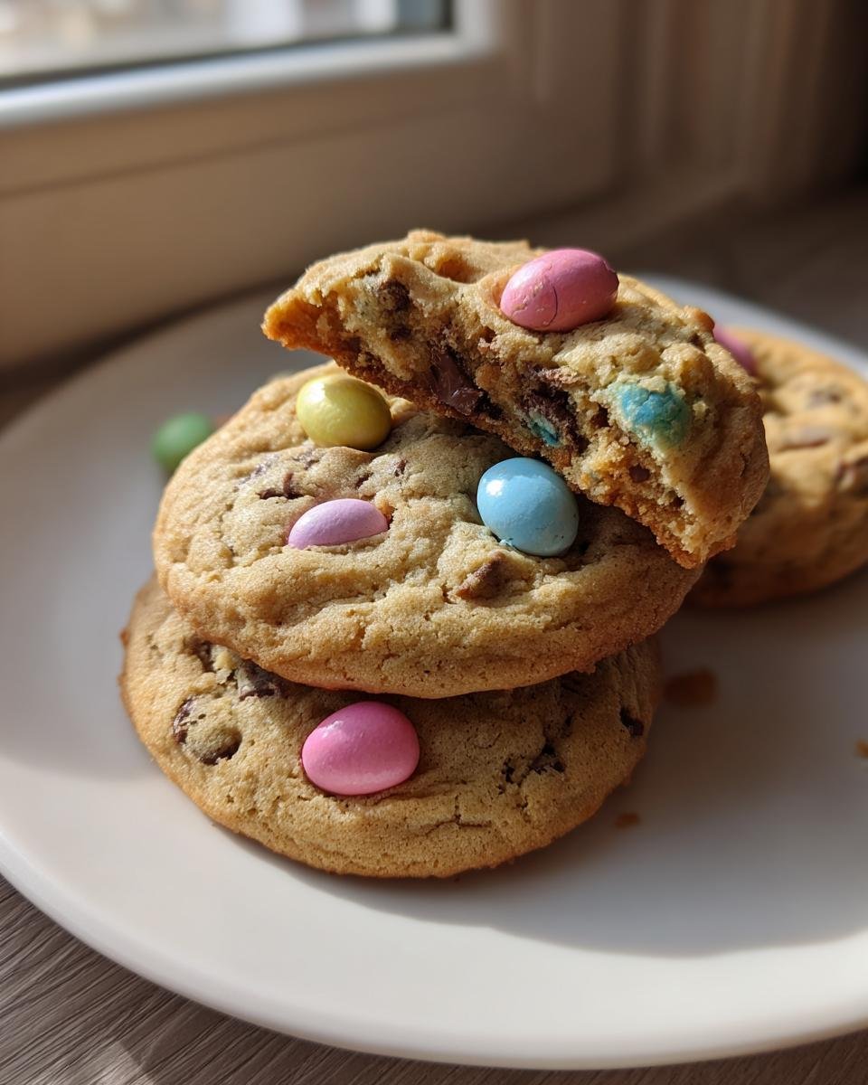 A stack of soft Easter Chocolate Chip Cookies, one broken open to show the gooey center and colorful candy eggs.