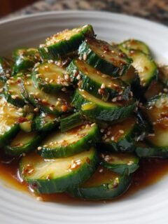 Close-up of sliced cucumbers coated in a savory, dark dressing and sprinkled with sesame seeds, showcasing the Easy Asian Cucumber Salad.